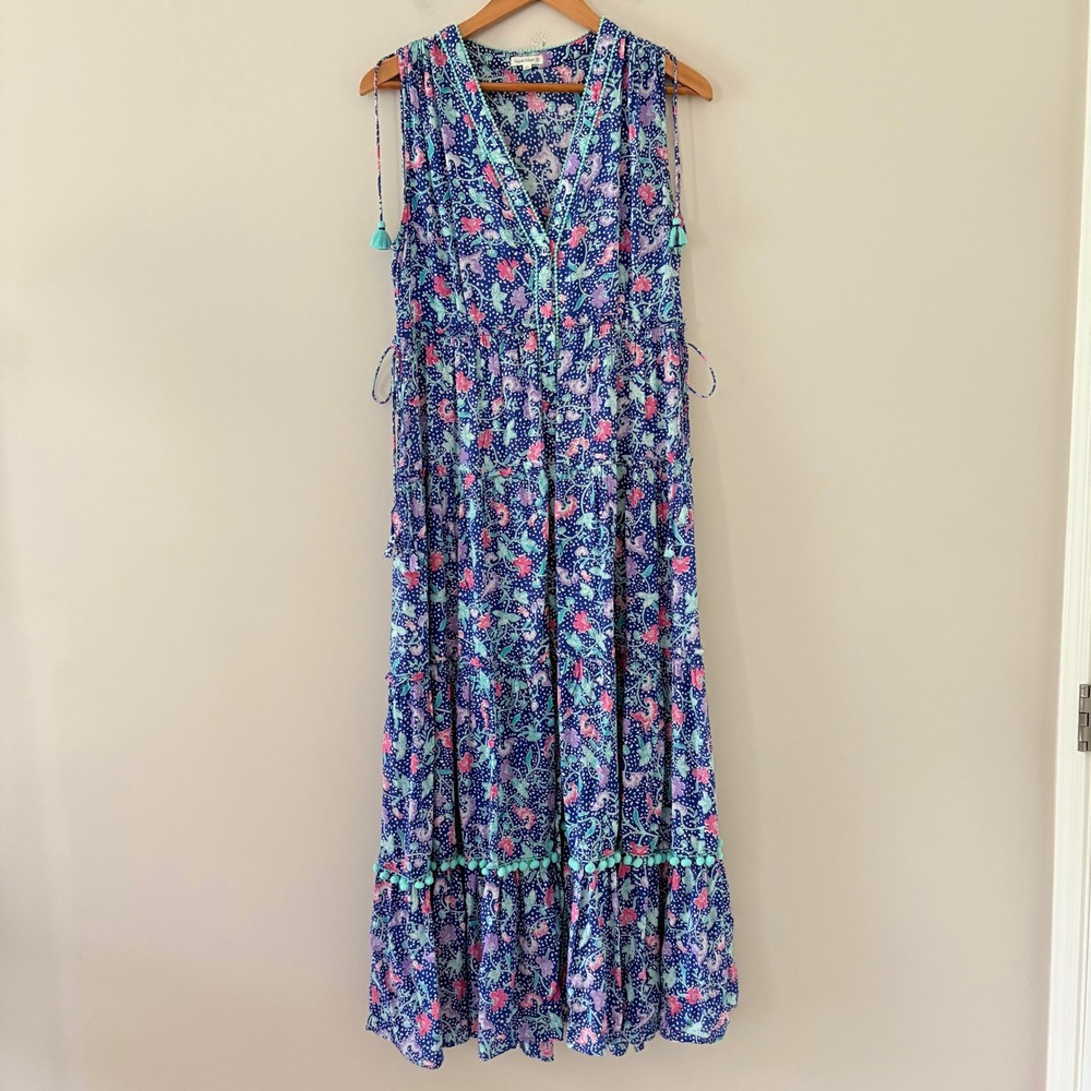 Poupette St Barth Maxi Dress M Blue Floral Boho Tiered Pom Pom Tassel Resort